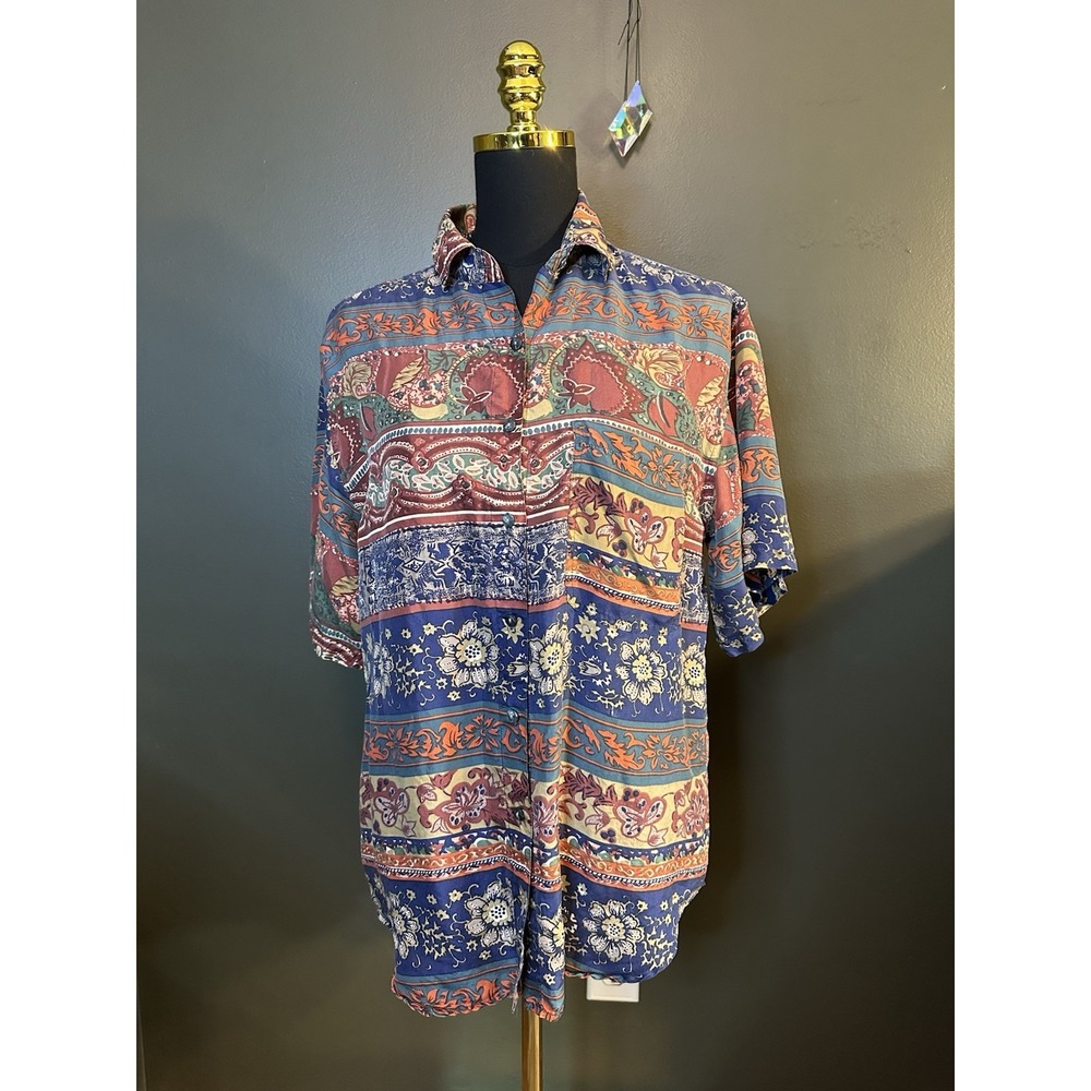 Jane Ashley Vintage Short Sleeve Silk Floral Buds ton Up Blouse S Small